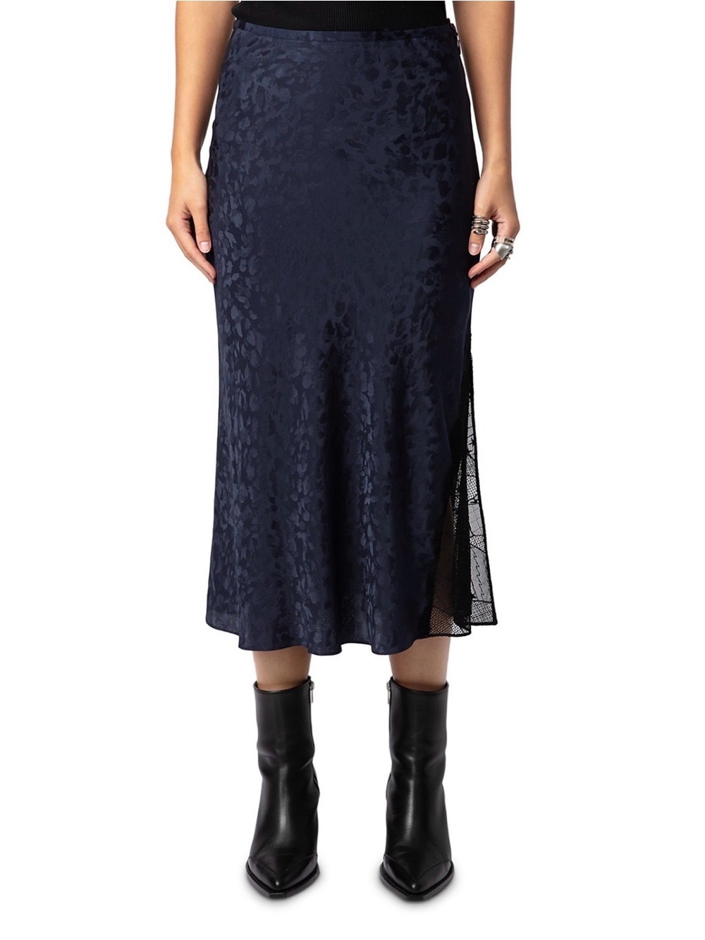Zadig & Voltaire Jayla Jac Leo Silk Midi Skirt Navy Leopard Lace